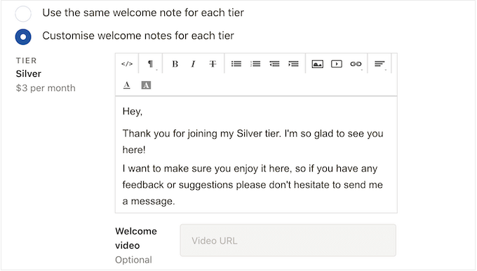 An example of a custom Patreon welcome note