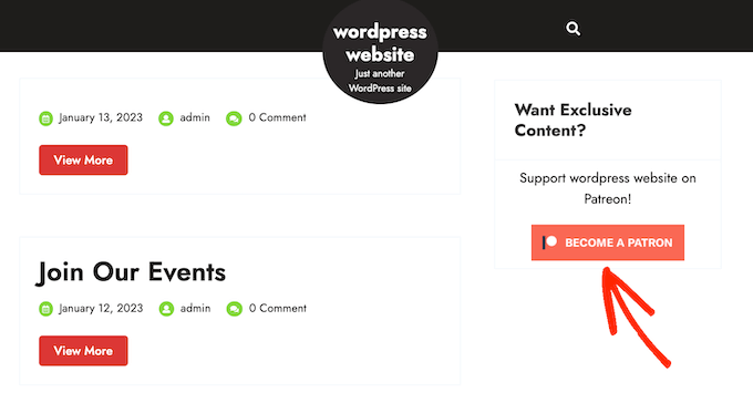 WordPress 网站上的 Patreon 按钮示例