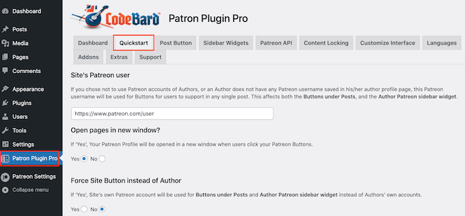 CodeBard's Patron Plugin Pro settings