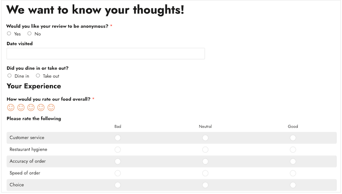 A restaurant review form, created using WPForms