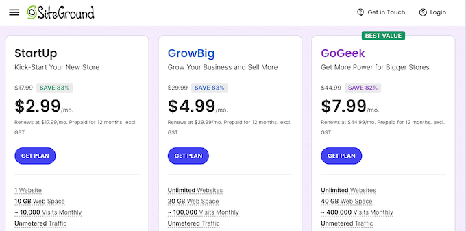 Piani di hosting web di SiteGround