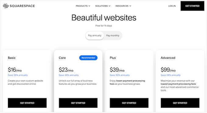 Squarespace's various pricing and plans 