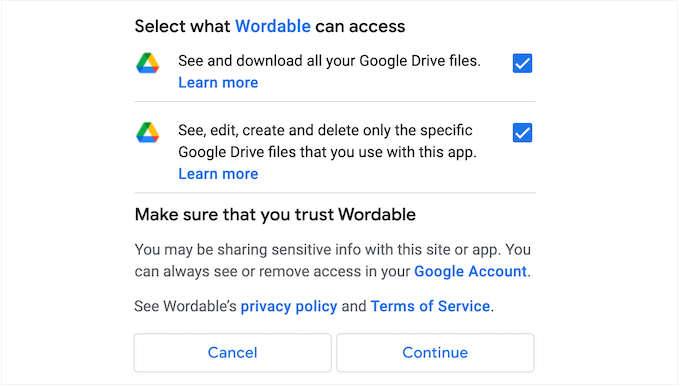 授予 Wordable 访问您的 Google 云端硬盘的权限