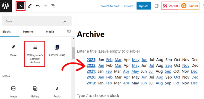 Add the Compact archives block to a page