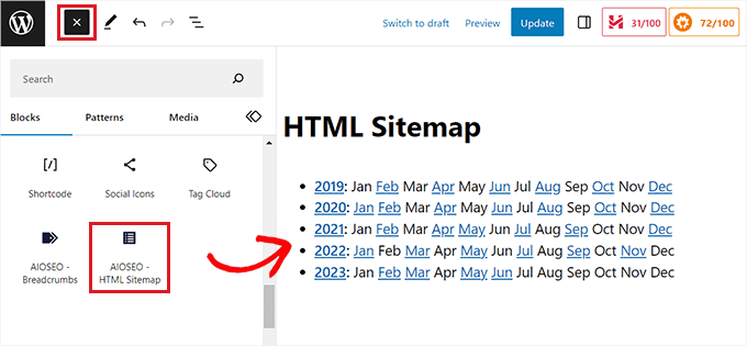 Add the AIOSEO-HTML Sitemap block to your page