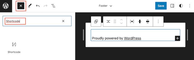Add a shortcode block to footer template using the full-site editor