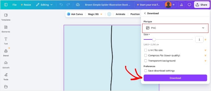 Descărcarea unei coperți de carte Canva ca imagine PNG