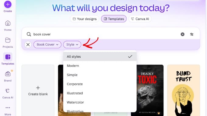 Filtrarea șabloanelor Canva după stil