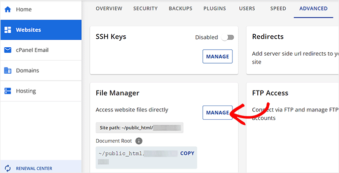 Click Manage button next to the File Manager option