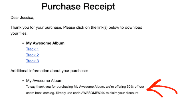 Download instructions, on a music purchase receipt 