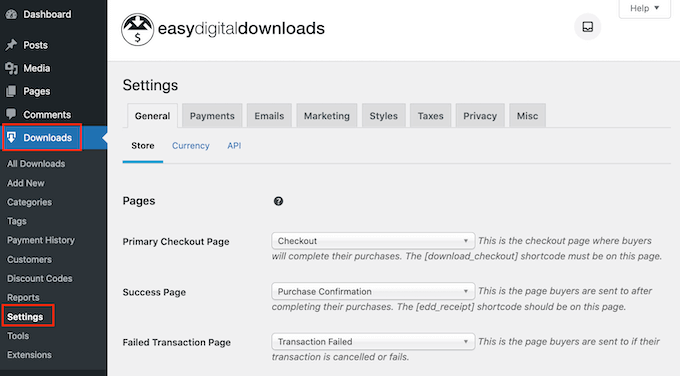 The Easy Digital Downloads plugin's settings