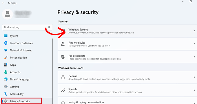 转到隐私和安全并选择 Windows 安全