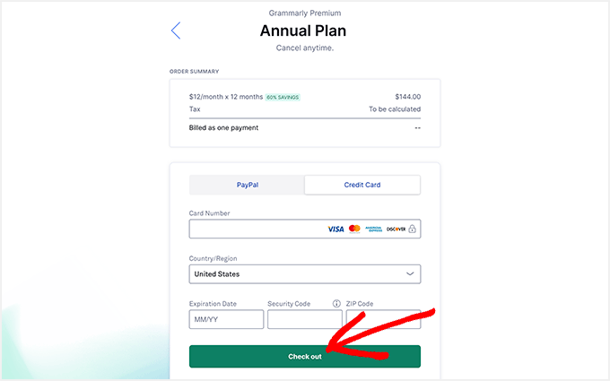 Grammarly checkout and payment page
