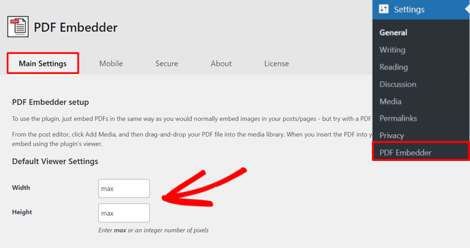 The WP PDF Embedder plugin settings