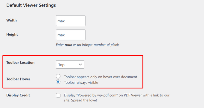 PDF viewer toolbar settings