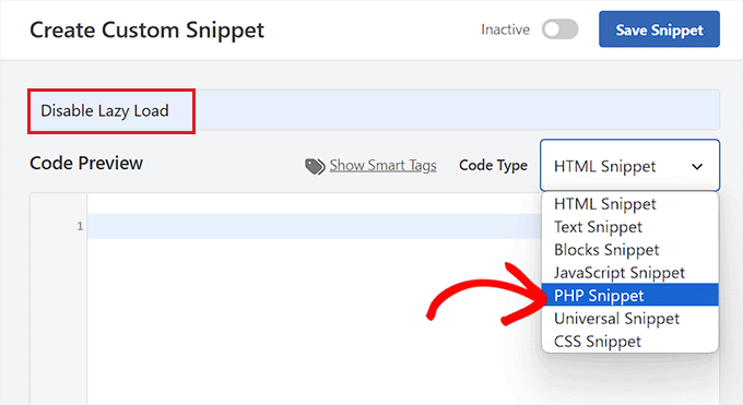 Choose PHP code type for the code snippet to disable lazy loading