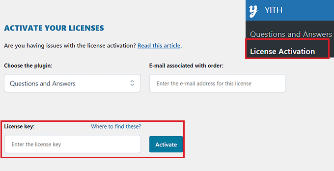 Activate your YITH plugin with the license key