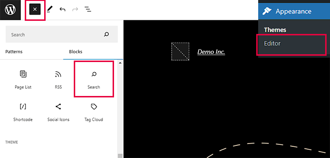 Adding search block in site editor