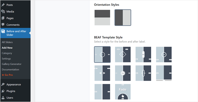 Customizing the before and after slider's orientation