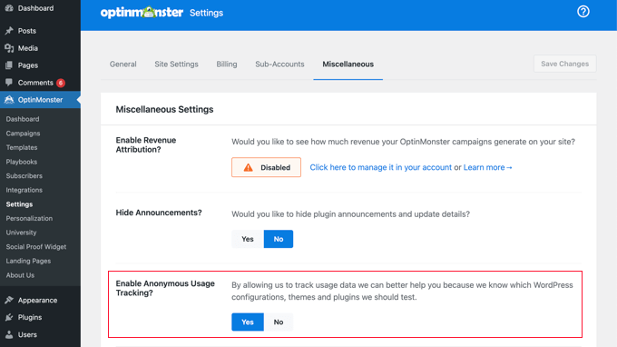 OptinMonster 要求您分享匿名使用跟踪