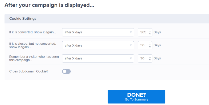 Edit cookie settings in OptinMonster