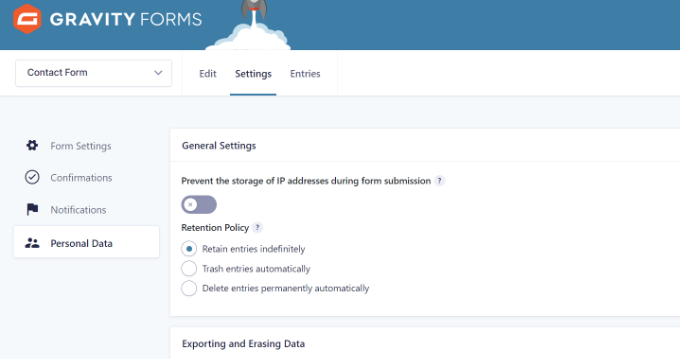 Personal data settings Gravity Forms