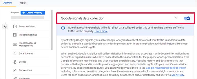 Turn on Google signals data collection