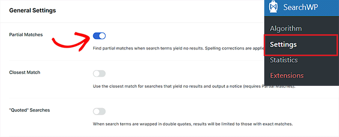 Toggle the Partial matches switch