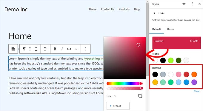 Use the color picker for link color