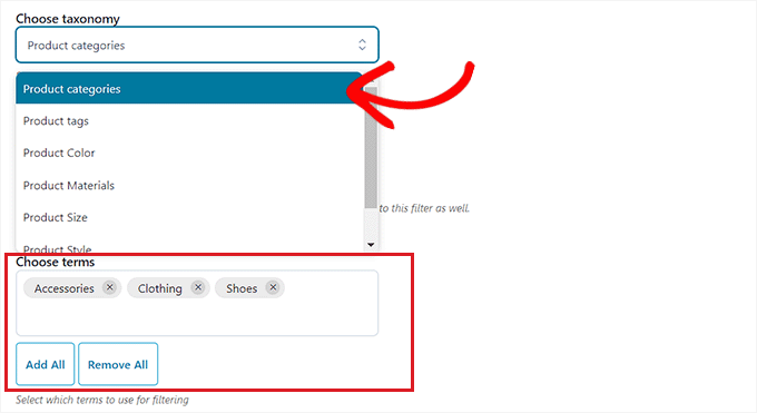 Choose a taxonomy option from the dropdown menu and then write terms for the categories