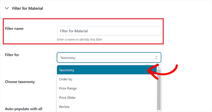 Choose taxonomy option from the filter for dropdown menu