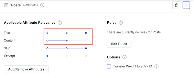 Customizing the applicable attributes relevance slider