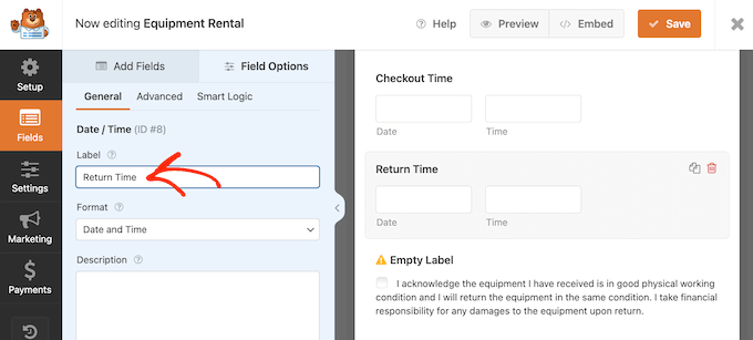 Adding checkout date and time fields to a form