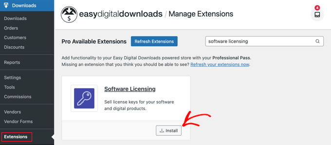 Installing the Easy Digital Downloads Software Licensing Extension