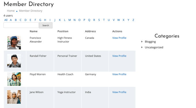 Member Directory Displayed in a Table