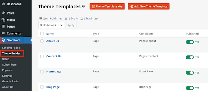 WordPress 仪表板中的模板套件部件列表