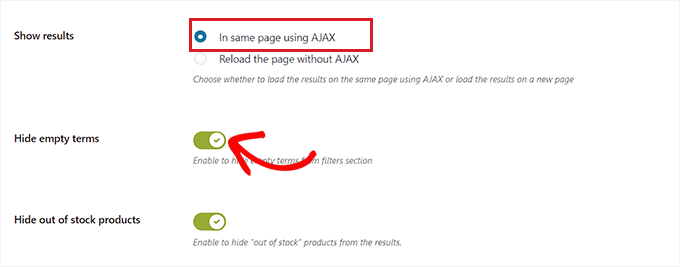 Toggle switches to hide empty terms or out of stock products
