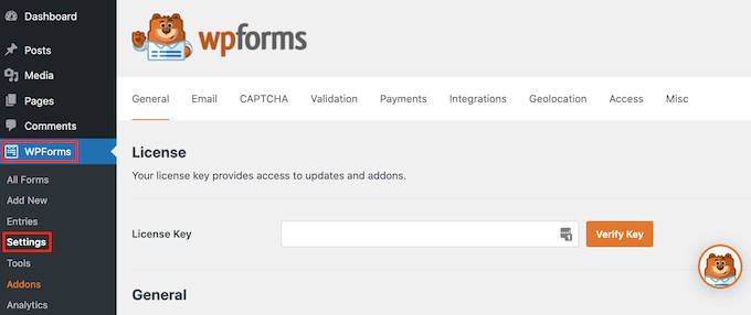 Agregar una clave de licencia al complemento del generador de formularios WPForms