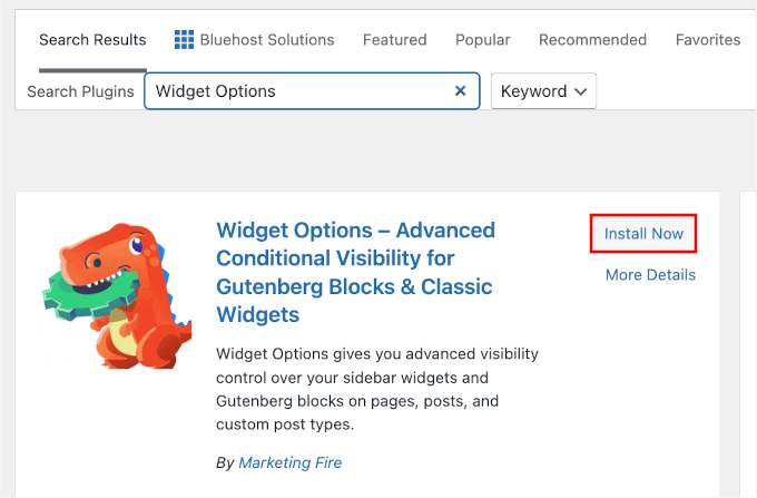 Installation des options de widget Installation des options de widget