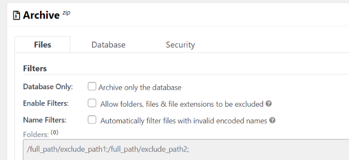 Archive settings for backup