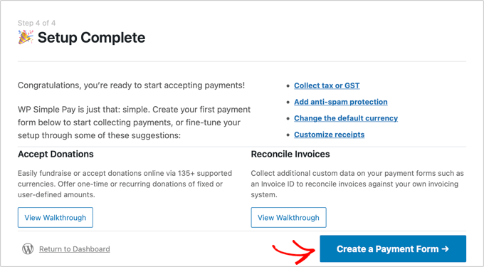 Completing the WP Simple Pay setup