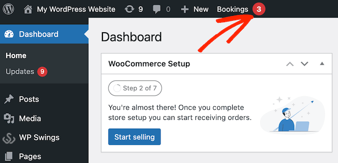 A booking notification in the WordPress dashboard