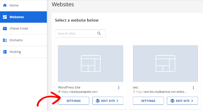 Ir para as configurações do site na Bluehost