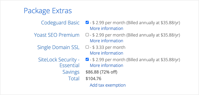 Bluehost package extras