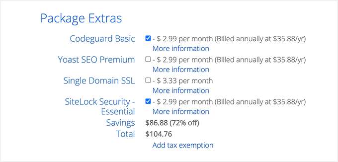 Extras do pacote Bluehost