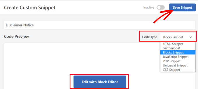 WebHostingExhibit select-blocks-snippets-and-save How to Automatically Add a Disclaimer in WordPress (Easy Way)  