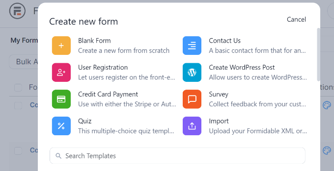 Select formidable forms template