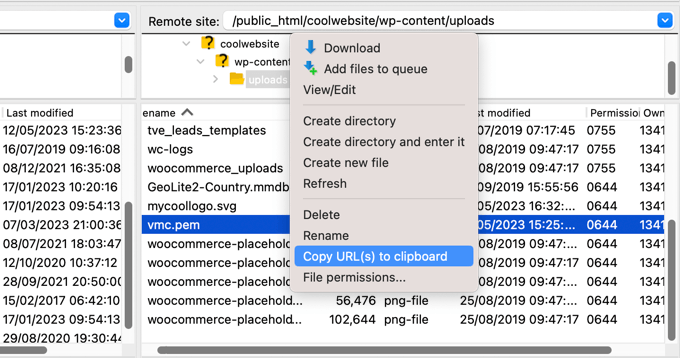 Copying the vmc.pem URL Using an FTP Client