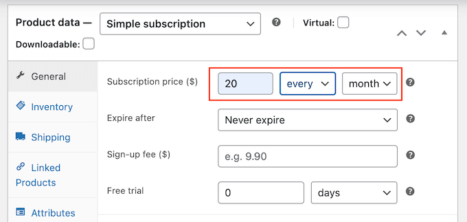 Setting the WooCommerce subscription price