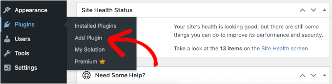 Le sous-menu Ajouter un plugin sous Plugins dans la zone d’administration de WordPress Le sous-menu Ajouter un plugin sous Plugins dans la zone d’administration de WordPress